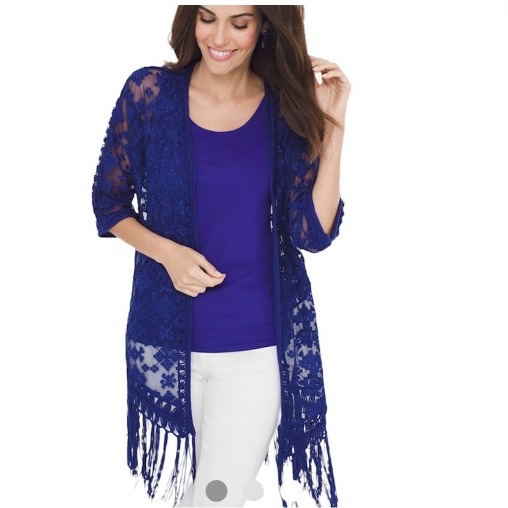 Chico’s Royal Blue Embroidered Fringe Cardigan - Sz large (Chico’s Sz 2)